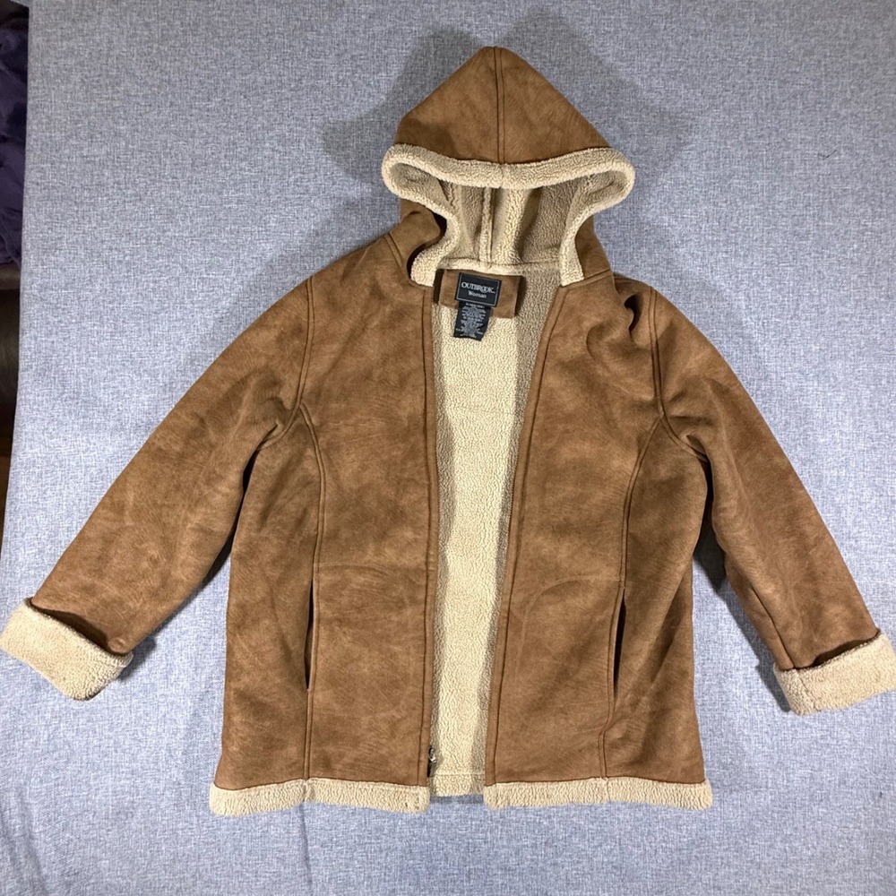 Outbrook Woman Faux Suede Sherpa Lined Hooded Jacket Coat 1X Toffee Brown VTG